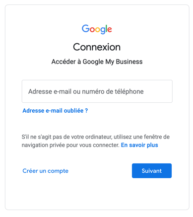 Interface de connexion de Google qui propose d'ajouter l'adresse email et deux boutons : créer un compte ou suivant