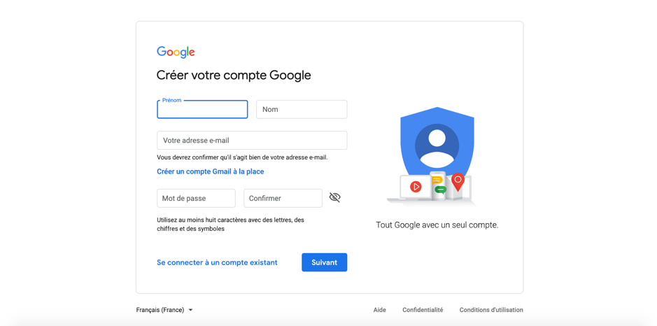 Interface de création de compte GMB qui demande votre prénom, votre nom, votre adresse email, un mot de passe et la confirmation de ce mot de passe.